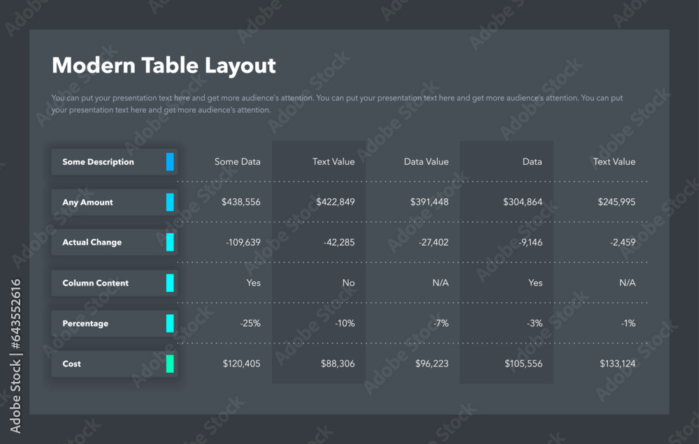 Poster Modern table layout template with six colorful rows - dark version. Simple flat template for project data visualization.