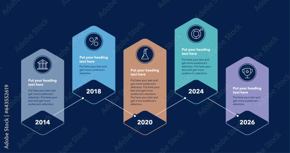 Poster timeline infographic template with five stages - dark version. can be used for your website or prese
