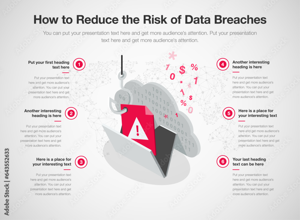Aufkleber Infographic template for how to reduce the risk of data breaches. 6 stages template with  a fishing hook stealing confidential data from a secured system as a main symbol.