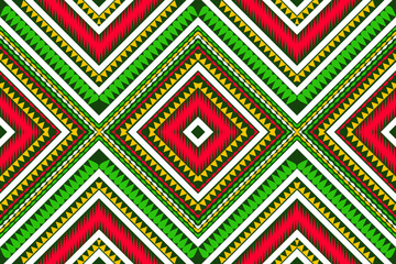 Seamless design pattern, traditional geometric flower zigzag pattern Christmas green yellow white orange red vector illustration design, abstract fabric pattern, aztec style for print textiles 