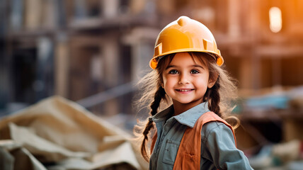 little girl in a helmet with a toy construction - obrazy, fototapety, plakaty