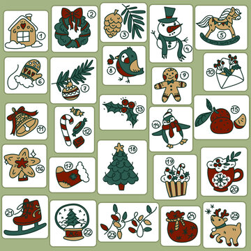 Vector Christmas Advent calendar in retro style. Collection of vector illustrations with animals, food, gifts. Christmas pictures with festive elements for 25 days. Framed items rounded edges