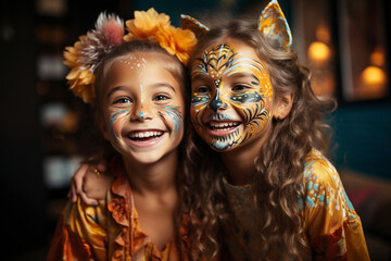 Portrait of two happy diverse girls with painted face and costumes for Thanksgiving party.