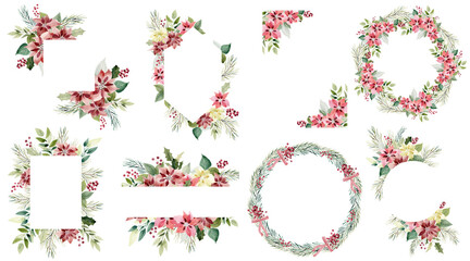 Set of watercolor christmas frames with poinsettia. Isolated on white background.