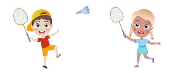people playing badminton in the park. leisure. boy and girl playing badminton	