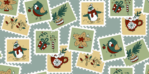 A pattern of cute hand-drawn postage stamps on top of each other with Christmas and New Year paraphernalia garland, cocoa, penguin, star, gifts. Fashionable vector illustrations in cartoon retro style