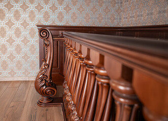 Wooden decorative railings with balusters in the house. hallway interior