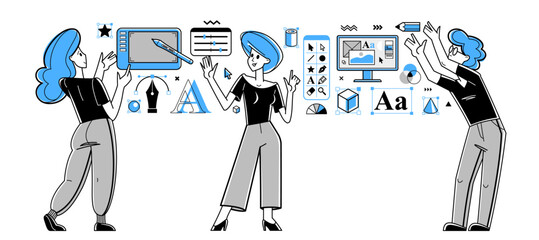 Graphic designers team doing some creative job using computer software, digital visual artist working on a project vector outline illustration, composing and editing.