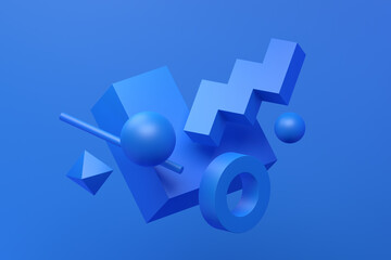 Abstract 3d render, geometric composition, blue background design