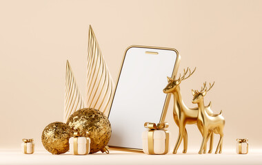 3D abstract Christmas light mock up background with beige Christmas decorations