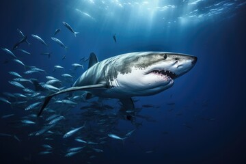 Naklejka premium Great white shark underwater view. Shark swimming with fish in blue water sea or ocean.