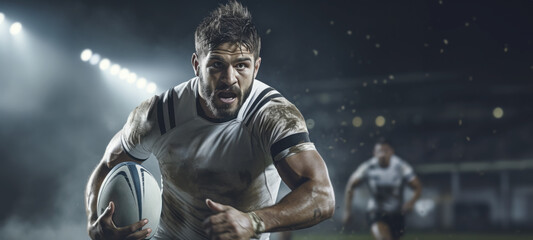 Portrait of a rugby player running with ball in stadium. Sports concept. - obrazy, fototapety, plakaty