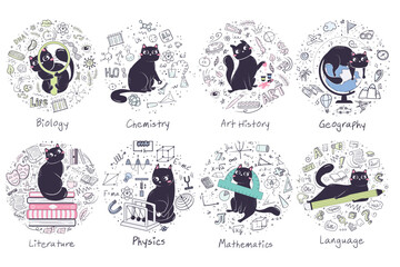 History of arts, biology, chemistry, geography, literature, physics, mathematics, language. set of backgrounds for school subjects with doodle objects and a cute cat.