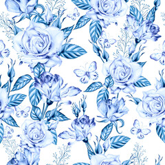 Watercolor seamless pattern with roses and butterfly.