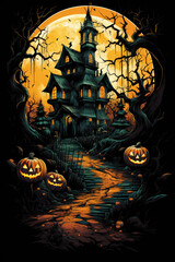 gruseliges Happy Halloween Titelbild mit leuchtenden Kürbissen, Wald und Anwesen bei Nacht. Hochkant. Hochformat. Generative Ai.
