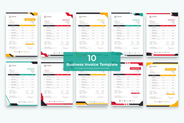 Abstract modern style business invoice Bundle. 10 Creative Invoice Template Paper Sheet Include Accounting, Price, Tax, and Quantity.