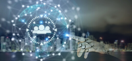 Target customer, customer network concept. AI analytics the target customer, buyer persona, journey, using marketing automation for personalized marketing. Robot touching on customer network.