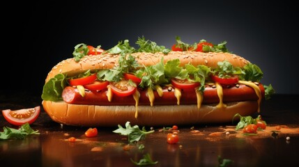 A hot dog with tomatoes and lettuce on a bun. Digital image.