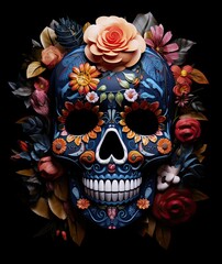 Sugar skull adorned with vibrant flowers. Catrina Calavera. Day of the Dead. Generative AI