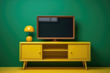 Retro decoration. Yellow and green color in a living room. Generative AI
