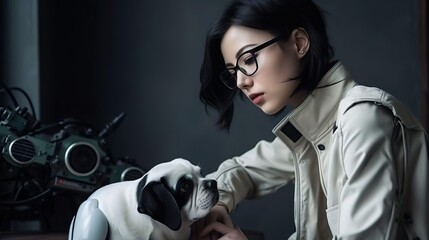 Young Asian woman girl treats her dog with robotic leg. Artificial intelligence. Smart machine robot cyber domestic pet friend. 