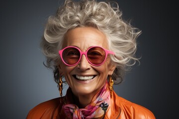Portrait of happy senior woman in pink glasses. Laughing old woman with hairstyle in stylish outfit.