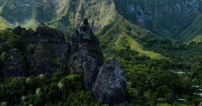 Drone Shot of Tropical Rock Formations and Mountain Ridges in Bay of Virgins Fatu Hiva Island Marquesas French Polynesia