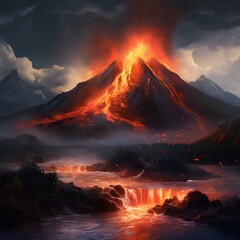 Volcano in the middle of water spews lava