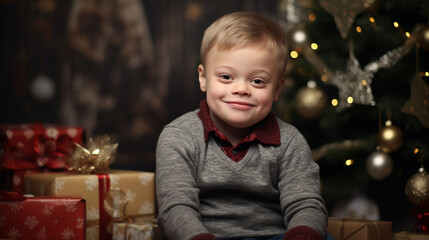 Fototapeta na wymiar A boy with Down syndrome smiles in front of a Christmas tree. People with disabilities.