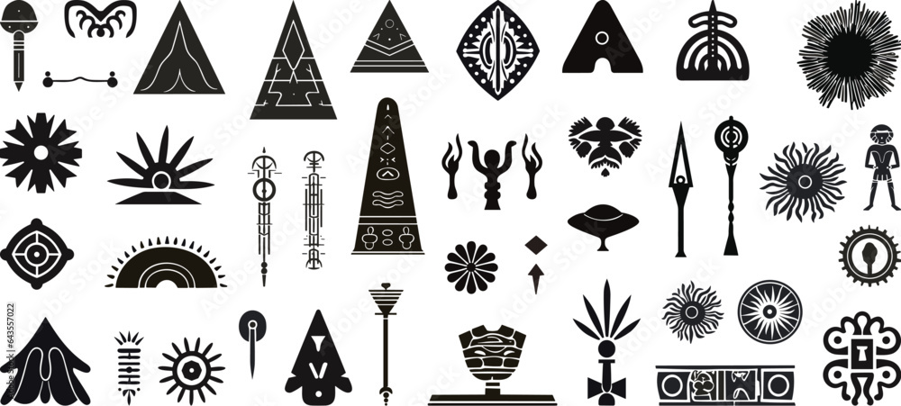 Wall mural Various ancient elements. Abstract black shapes, maya, aztec ornament and pyramids. Decorative contemporary forms, vector graphic set