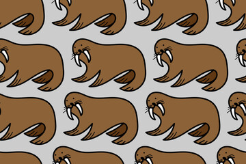 Cute, col and nice cartoon polar walrus. Animal. Winter. Snow. Cartoon ice cubes. Frozen, cool and cold. Trendy, stylish, fashionable, seamless vector pattern for design and decoration.