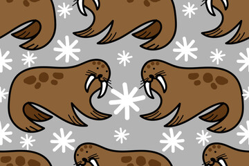 Cute, col and nice cartoon polar walrus. Animal. Winter. Snow. Cartoon ice cubes. Frozen, cool and cold. Trendy, stylish, fashionable, seamless vector pattern for design and decoration.