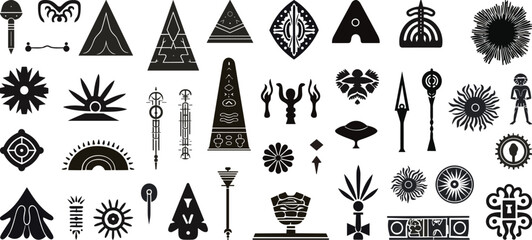 Various ancient elements. Abstract black shapes, maya, aztec ornament and pyramids. Decorative contemporary forms, vector graphic set