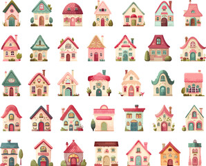 Cartoon cute houses. Colorful diverse trendy facades housing set, little scandinavian exterior village buildings, neighbourhood cottage symbols