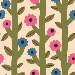 Beautiful floral pattern with bold flowers and leaves. Botanical texture with vertical blooming plants. Simple and cute background with hand drawn flowers