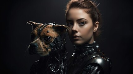 Beautiful female robot with her robotic metal sniffer dog at work. Artificial intelligence. Smart machine robot cyber pet friend. Machine learning.