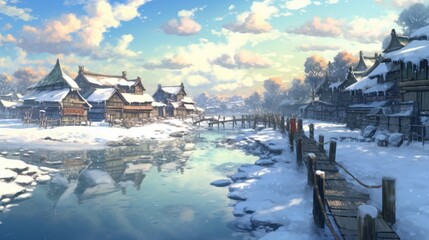 Japanese anime style frozen lake village