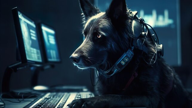 IT software developer dog pet working on desktop computer creating an innovative software product and applications.