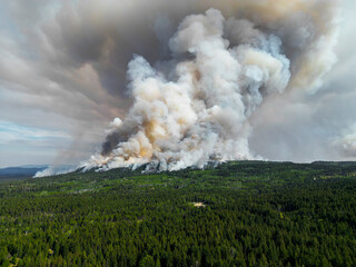 Giant fire in the Canadian forest, top aerial view of a fire in the forest. Ecological catastrophy. Rescue helicopters circle over the gift in the forest. Huge pillars of smoke
