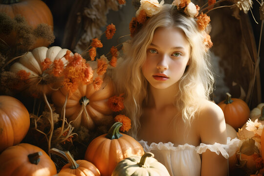 Beautiful feminine blonde young girl, with pastel flowers, and pumpkins, autumn harvest 