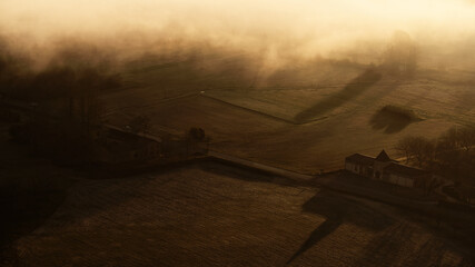 Foggy morning over the Dordogne valley seen from the sky