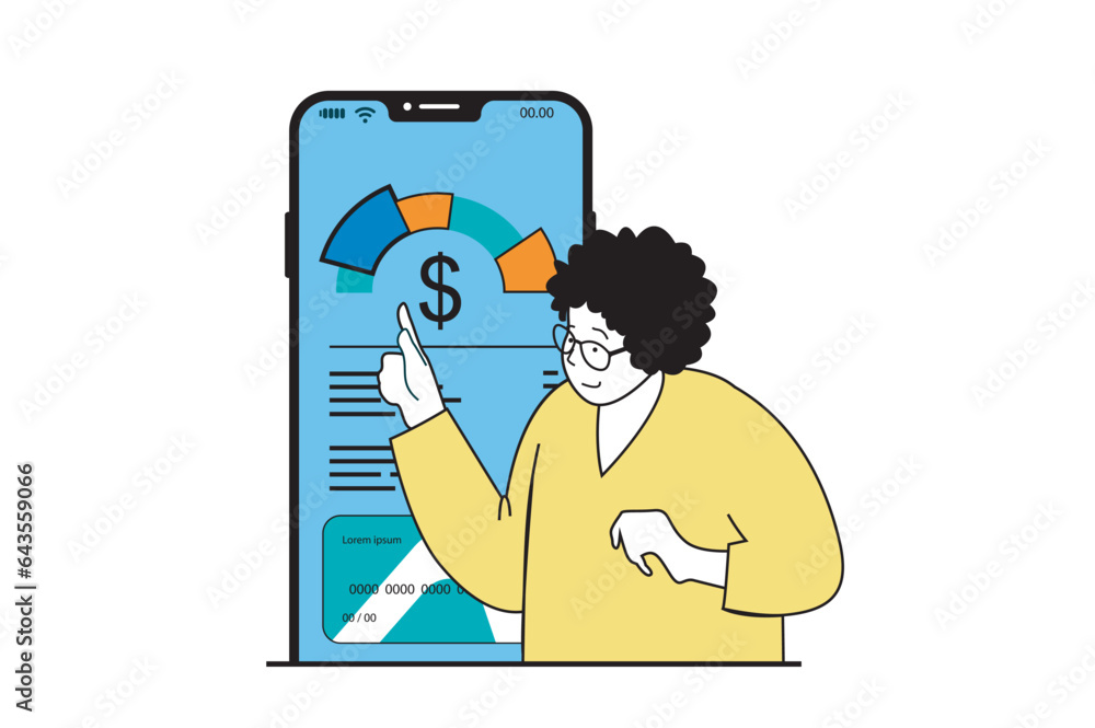 Poster finance concept with people scene in flat web design. woman using online banking services and monito