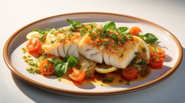 A white plate topped with fish and vegetables. Digital image. Cod, fish dish.