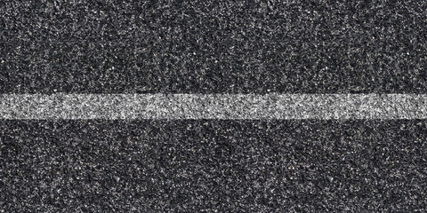 Seamless asphalt texture with unbroken stripe at the center for road division, grunge tarmac surface with continuous line, top view