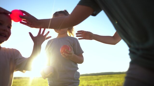 Children Conduct A Relay Race In Nature In The Park. Happy Family Childhood Dream Concept. A Group Of Little Kids Participate In Lifestyle A Competition Pass Colorful Balls To Each Other