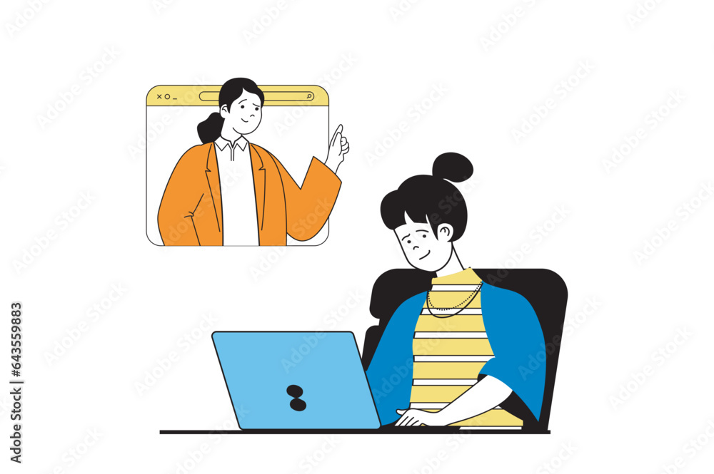 Poster Freelance concept with people scene in flat web design. Women working and connecting online using video call for task discussing. Vector illustration for social media banner, marketing material.