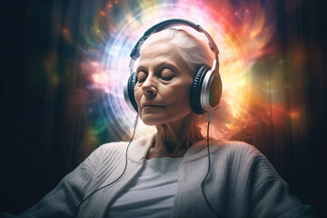 Healing Sounds and Sound Therapy. Sound healing well-being vibrations open, clear and balance chakras and energy. Senior mature woman in headset in sound healing therapy and meditation.