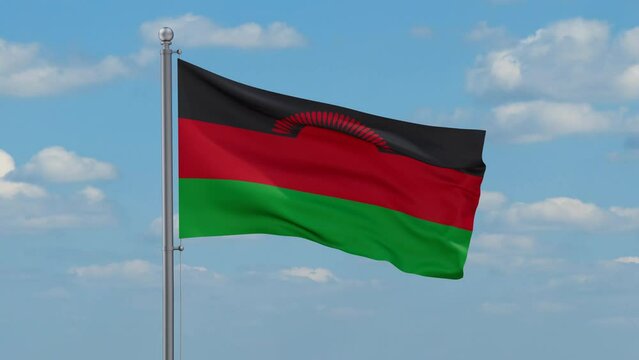 Malawi looped flag waving in the wind with blue sky and running clouds, cycle seamless loop video
