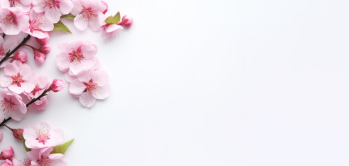 Fototapeta na wymiar white color paper background decorated with cherry blossom flowers. Flat lay banner with copy space