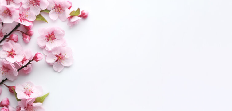 white color paper background decorated with  cherry blossom flowers. Flat lay banner with copy space